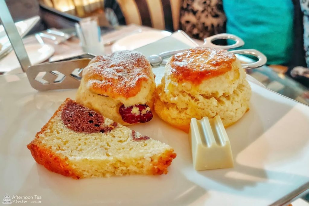 Scones, marble cake, white chocolate